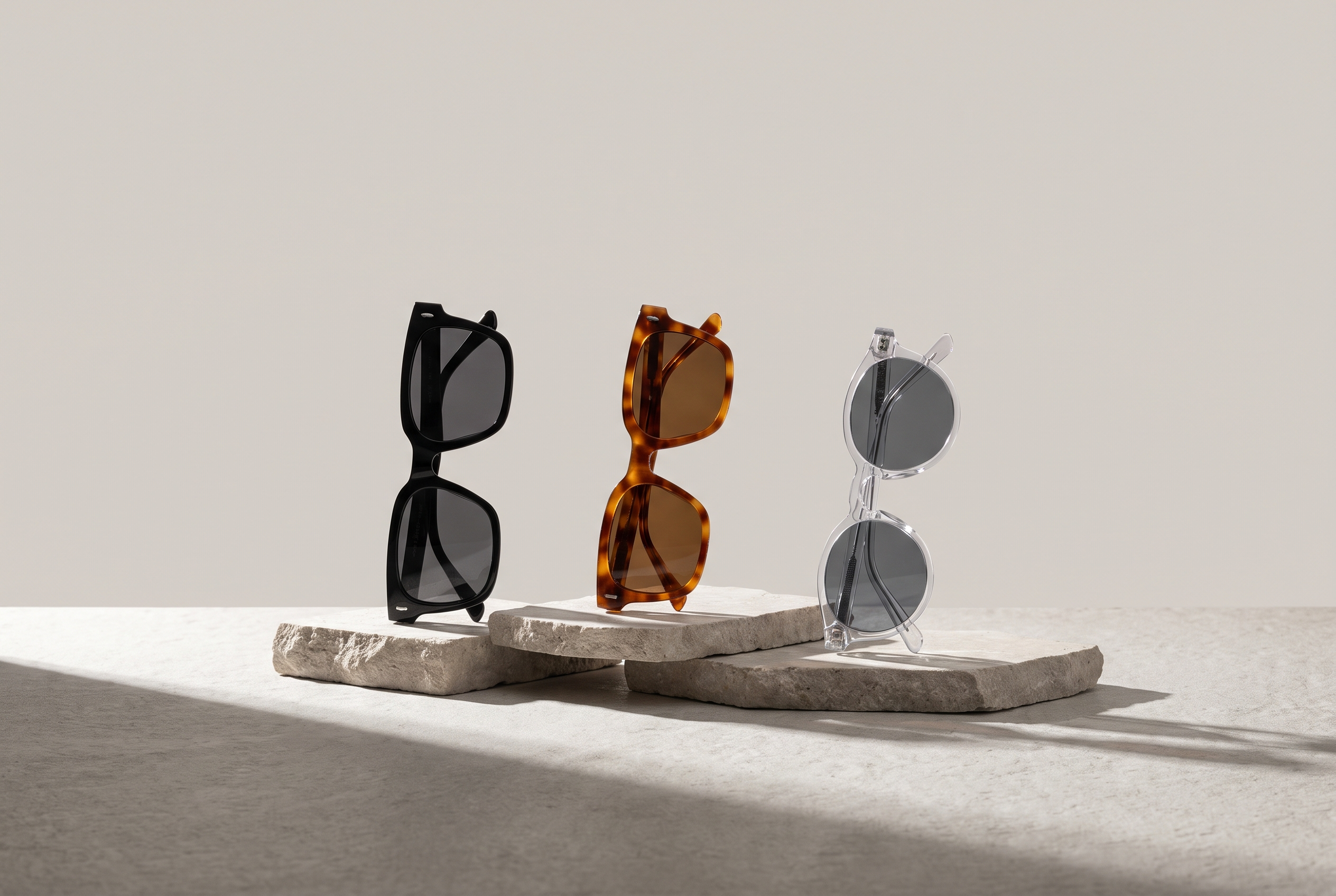 Three Welham sunglasses frames on stone plinths under raking studio light