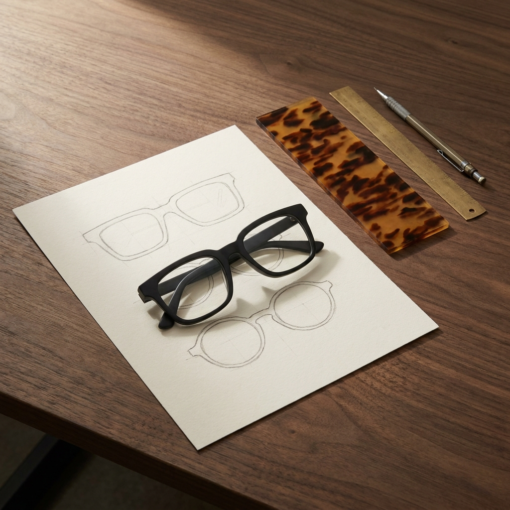 Designer's worktable flat-lay with eyewear sketches, raw acetate and a finished black frame on walnut wood