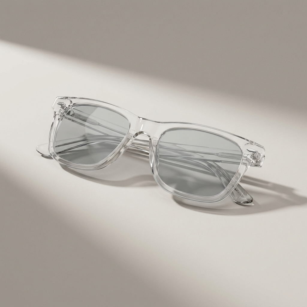 Welham W1 Marlow sunglasses in crystal — square clear acetate frame with light grey polarised lenses