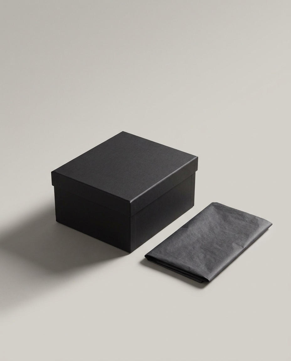 A plain unmarked matte black box with folded tissue on stone
