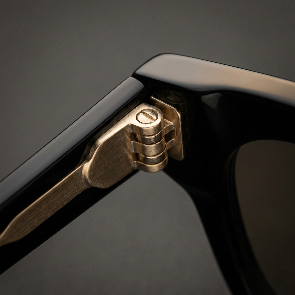 Macro detail of a champagne-gold five-barrel hinge joining a black acetate temple