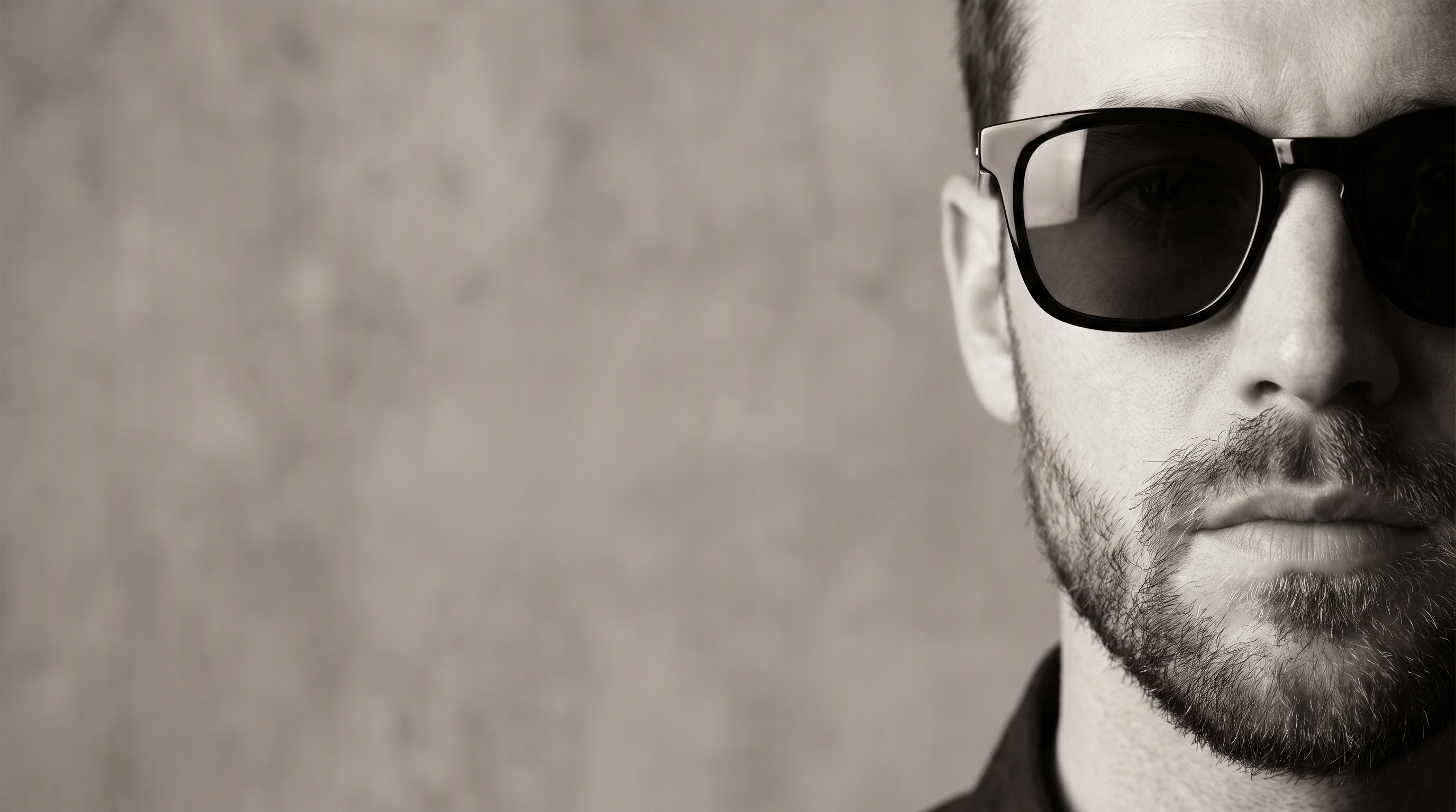 Close-crop editorial portrait of a man wearing black square acetate Welham sunglasses
