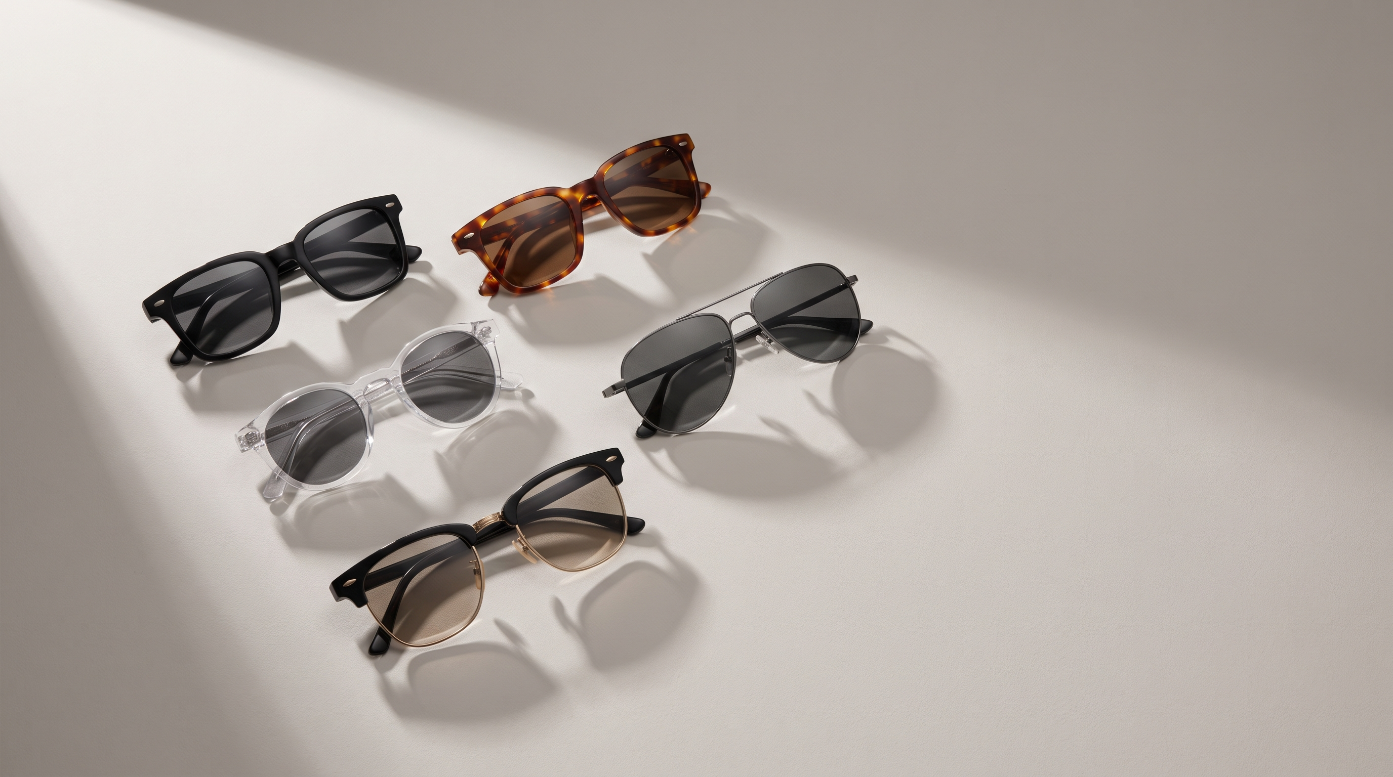 Five Welham sunglasses frames arranged on a stone-grey studio sweep under raking light