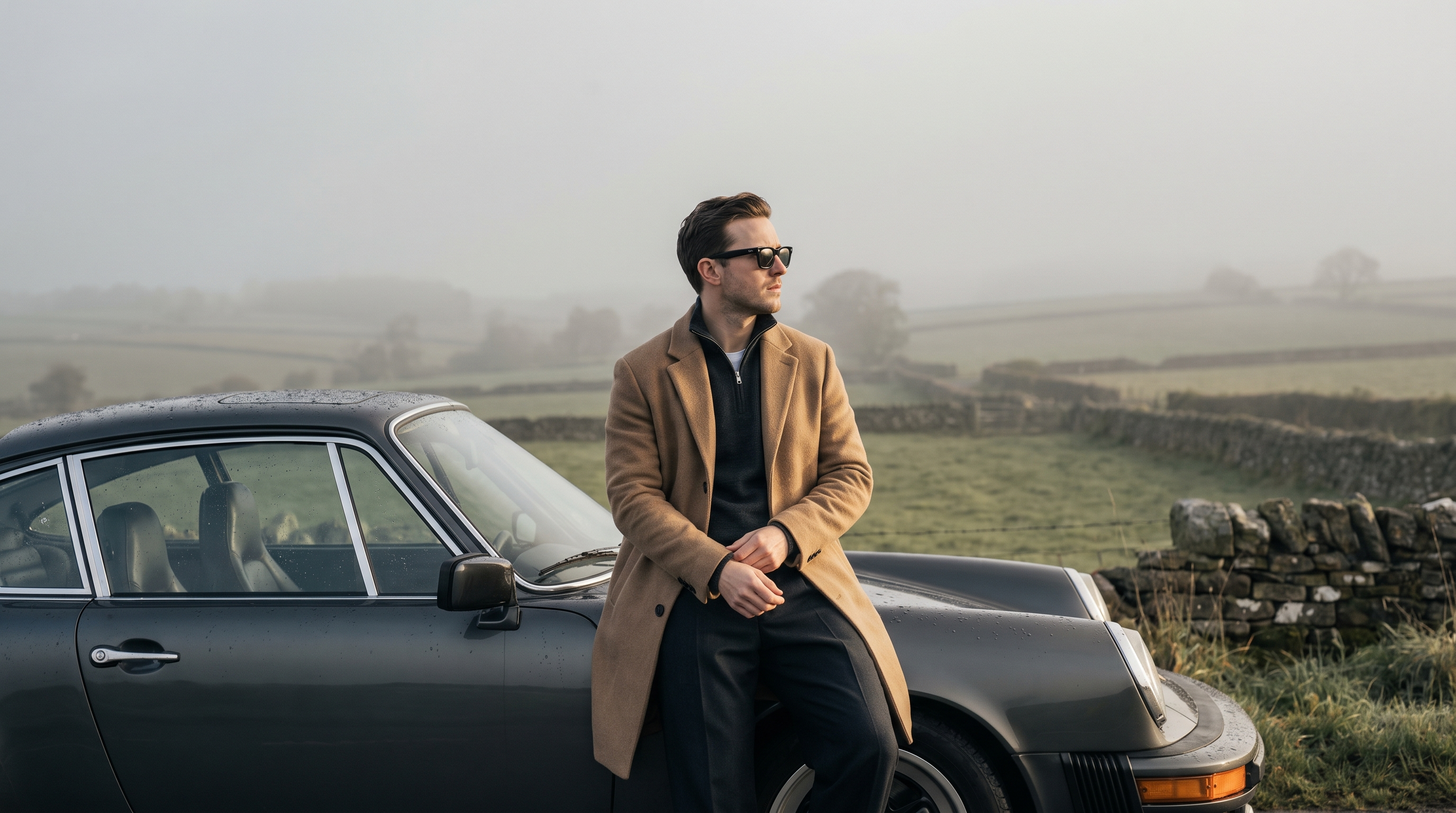 A man in a camel overcoat and black Welham sunglasses leaning against a classic sports car on a misty countryside road
