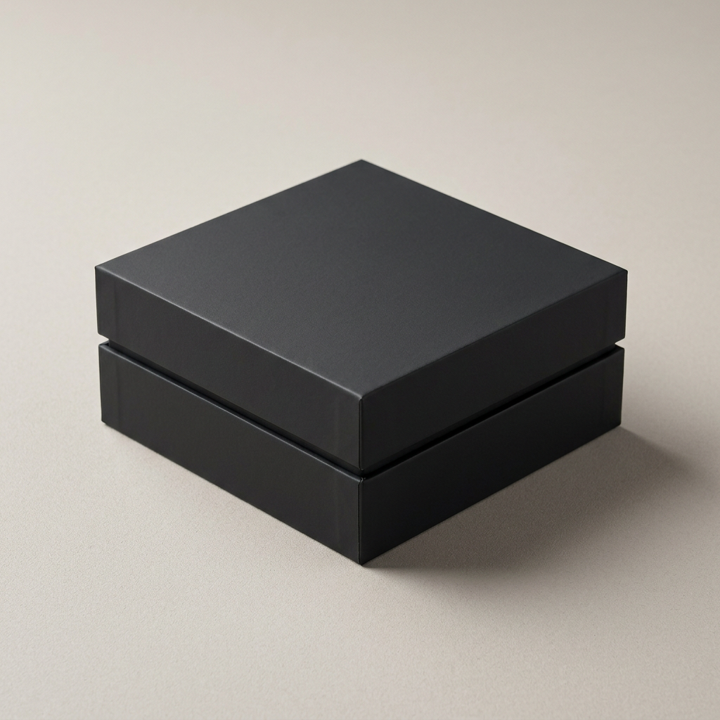 Rigid matte black presentation box closed on a stone surface