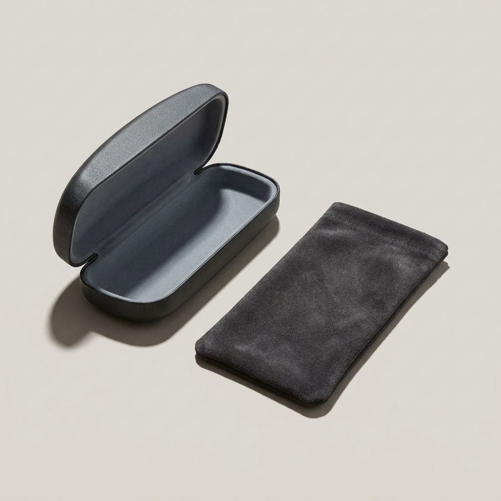 Structured charcoal hard case beside a soft suede travel pouch