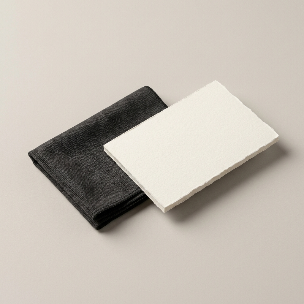 Folded charcoal microfibre cloth beside a heavy ivory card
