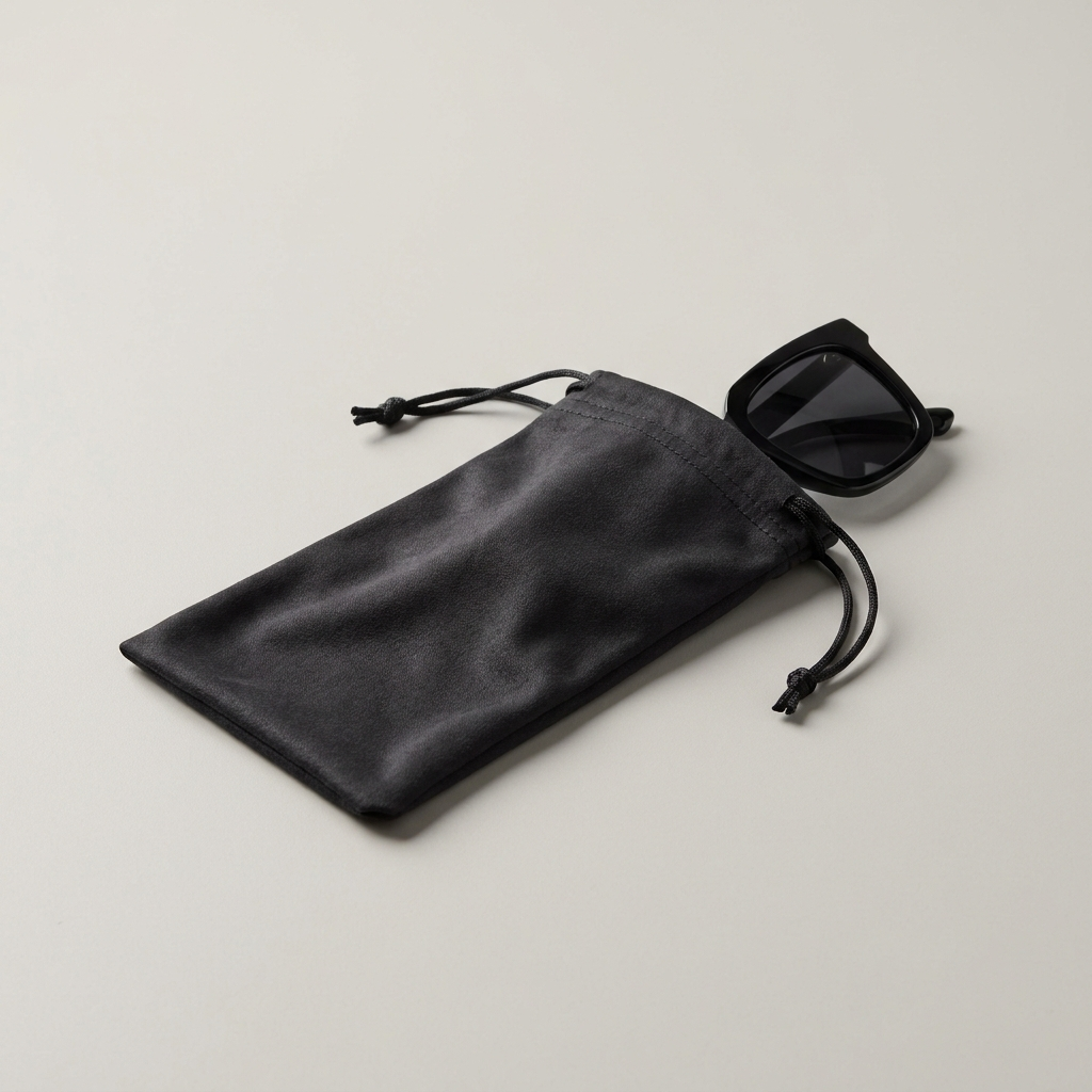 Soft black microfibre drawstring sleeve with a frame slipping out