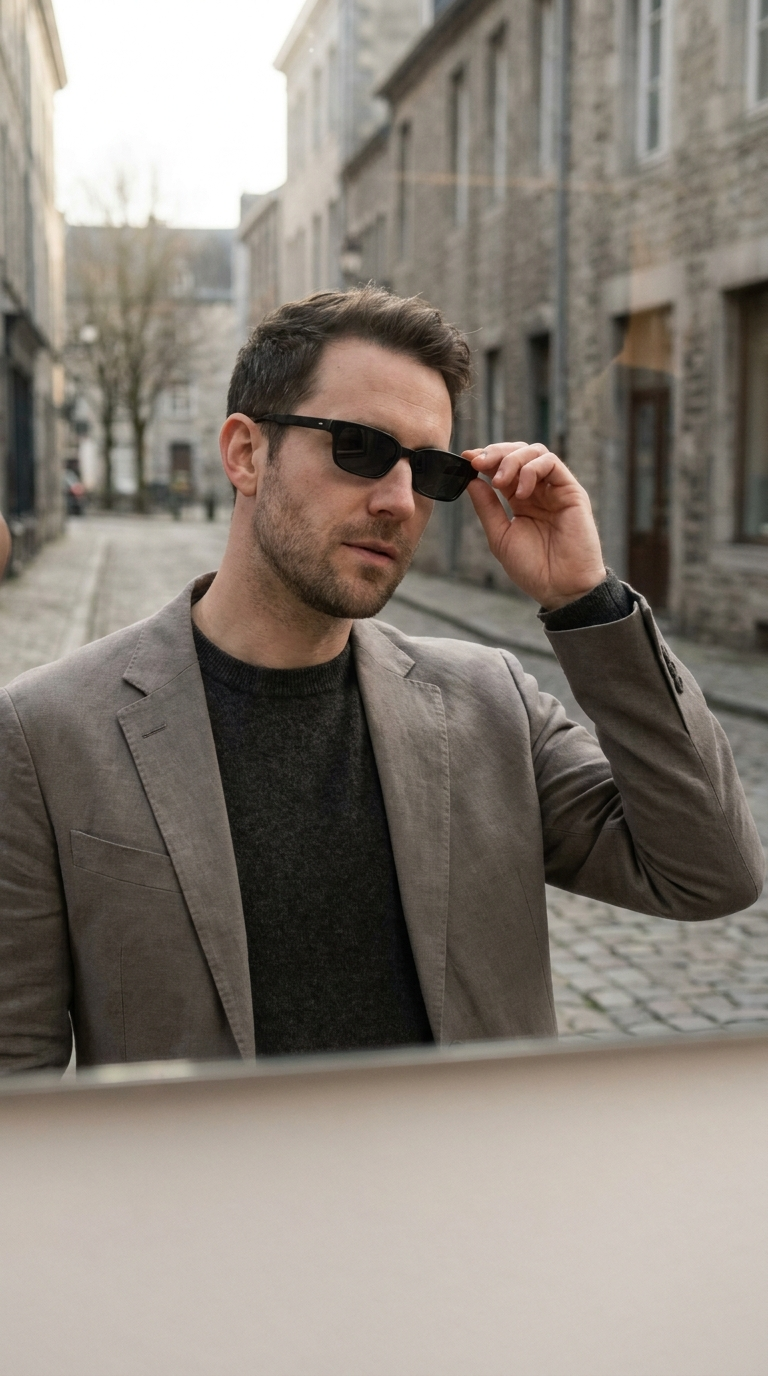 Man adjusting slim rectangular black Welham frames