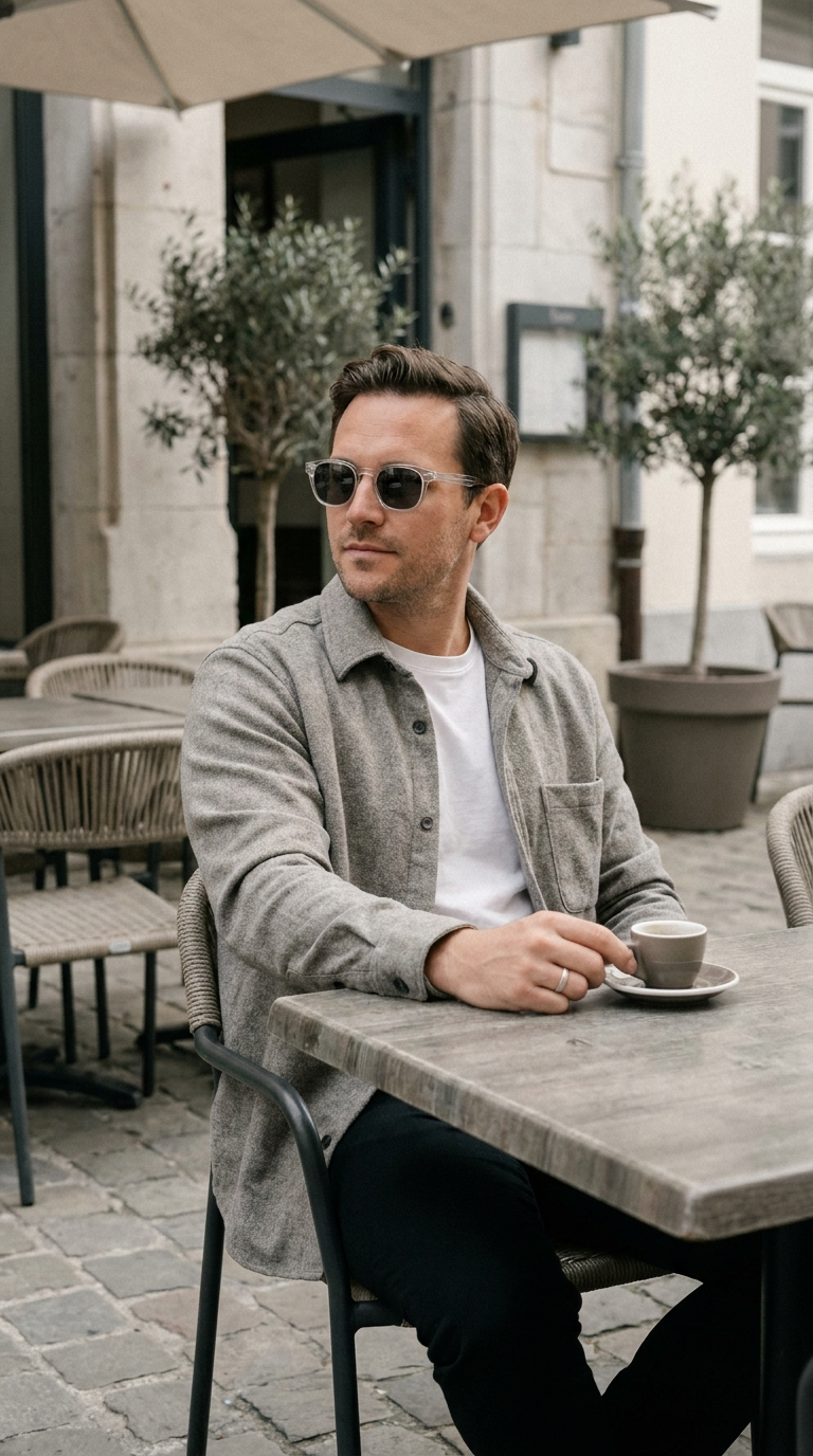 Man at an outdoor cafe table wearing crystal acetate Welham frames