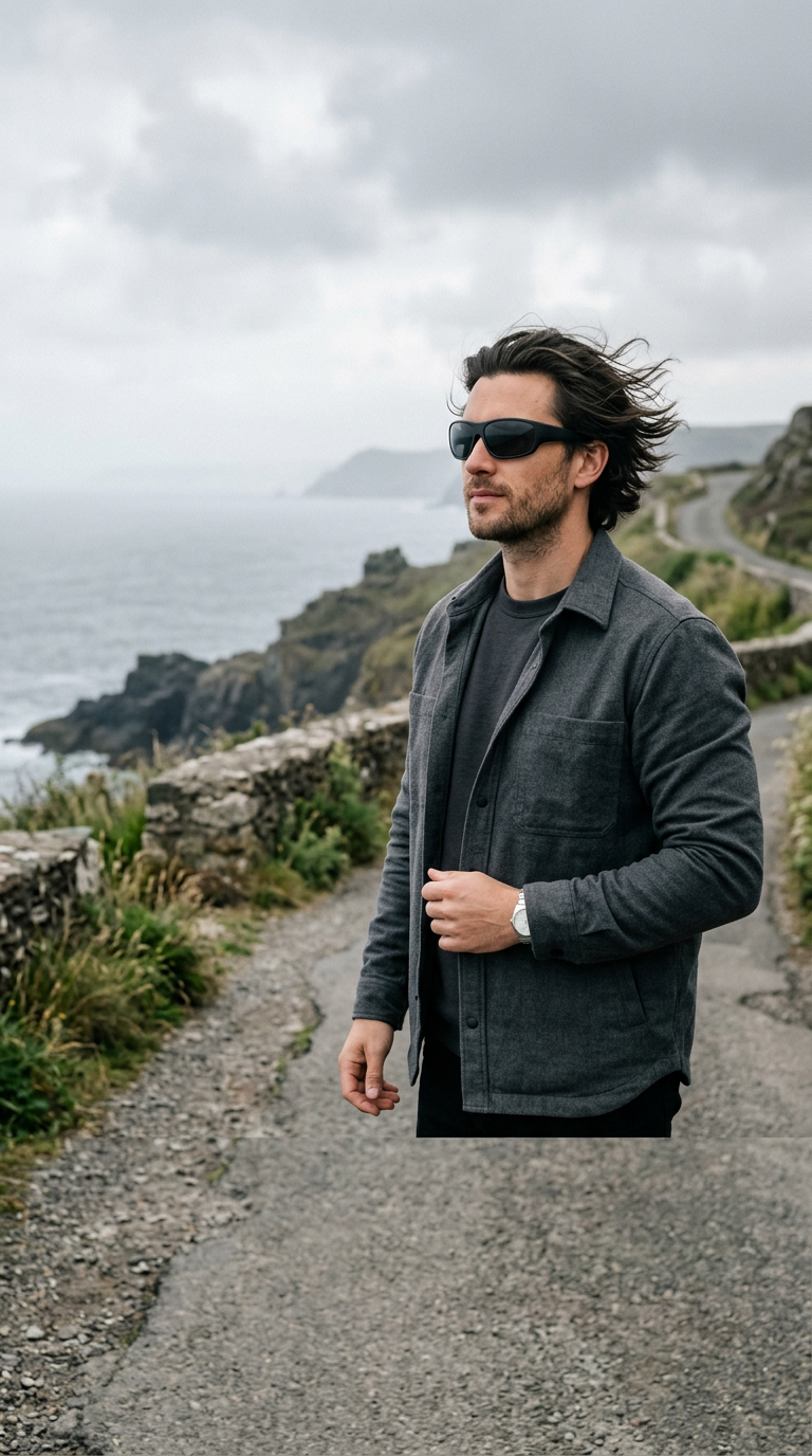Man on a coastal road wearing matte black wraparound Welham frames
