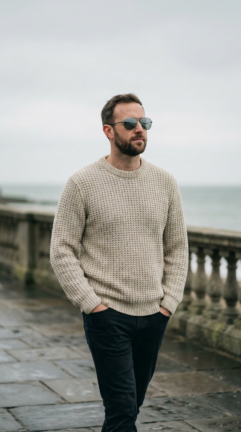 Man on a seaside promenade wearing gunmetal aviator Welham frames