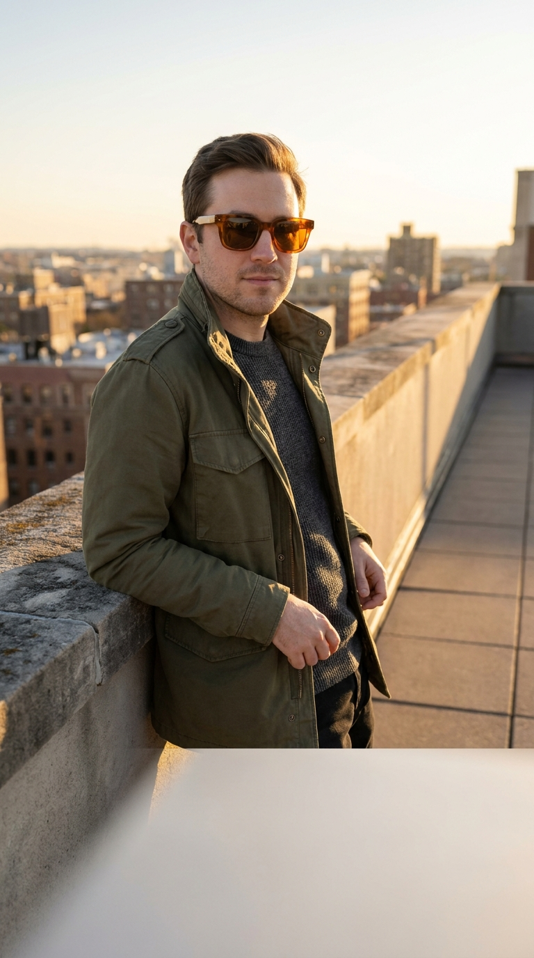 Man on a rooftop at golden hour wearing tortoiseshell Welham frames
