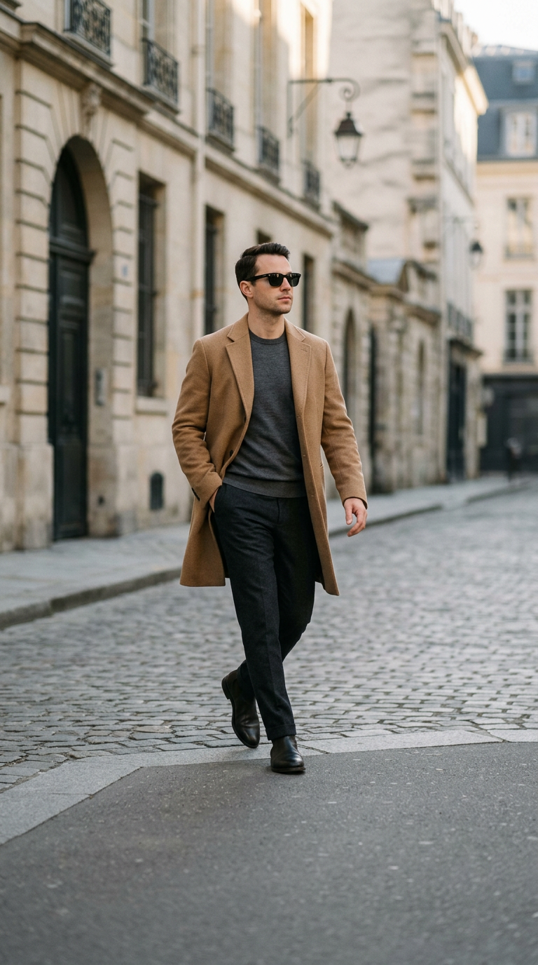 Man in a camel overcoat walking a city street in black square Welham frames