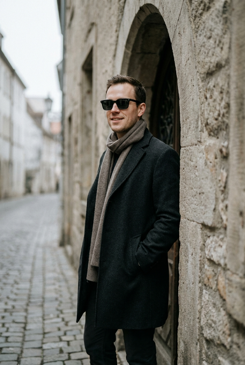 Man in a stone doorway wearing black square Welham frames