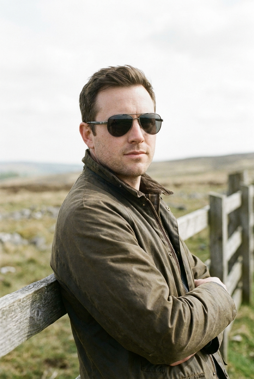 Man against a timber fence in the countryside wearing gunmetal aviators