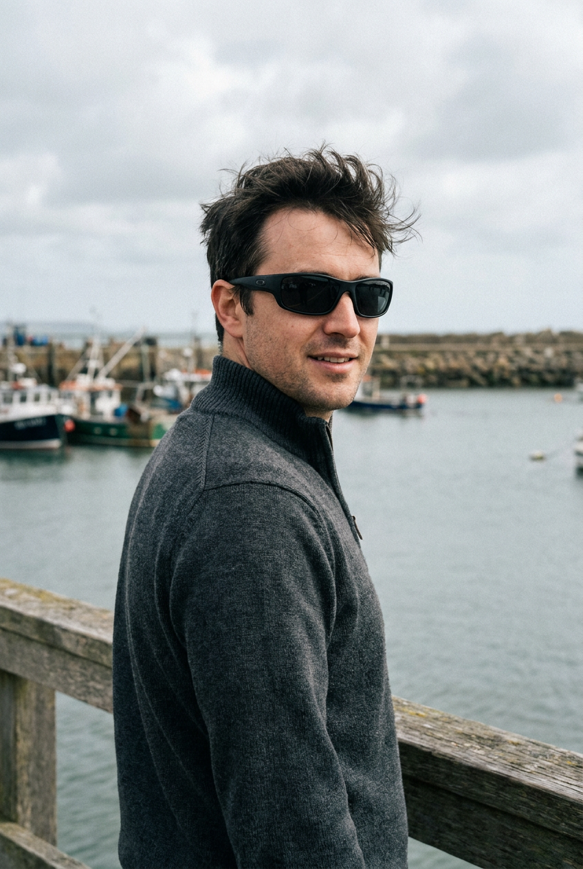 Man at a harbour railing wearing matte black wraparound Welham frames