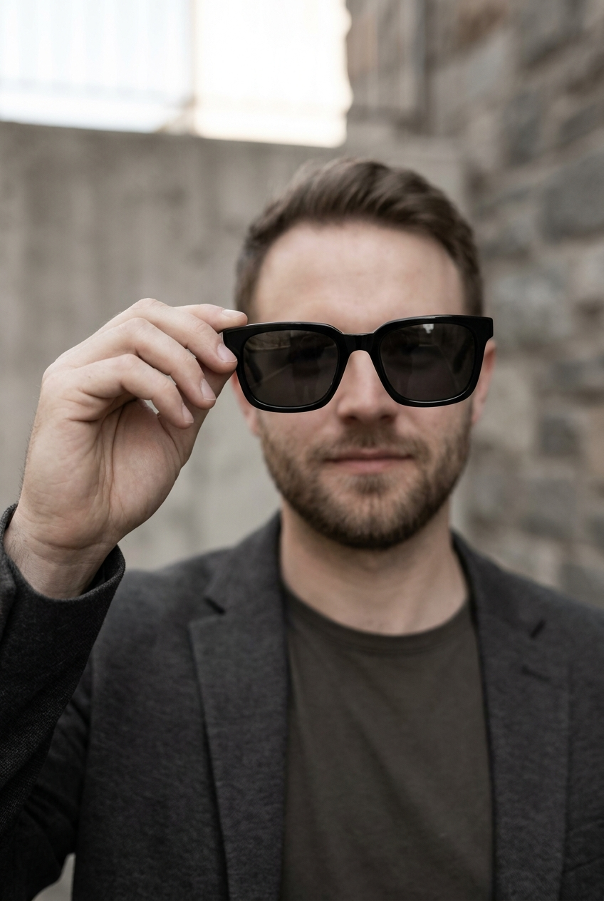 Man holding up a pair of black square Welham frames