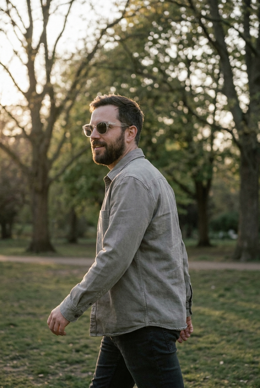 Man walking through a park wearing crystal acetate Welham frames