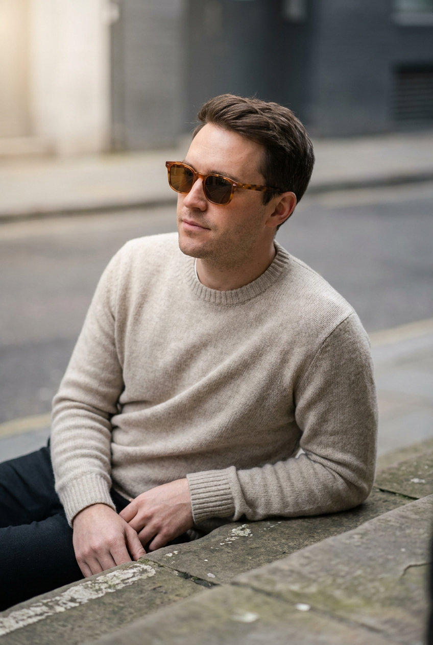 Man sitting on concrete steps wearing tortoiseshell Welham frames